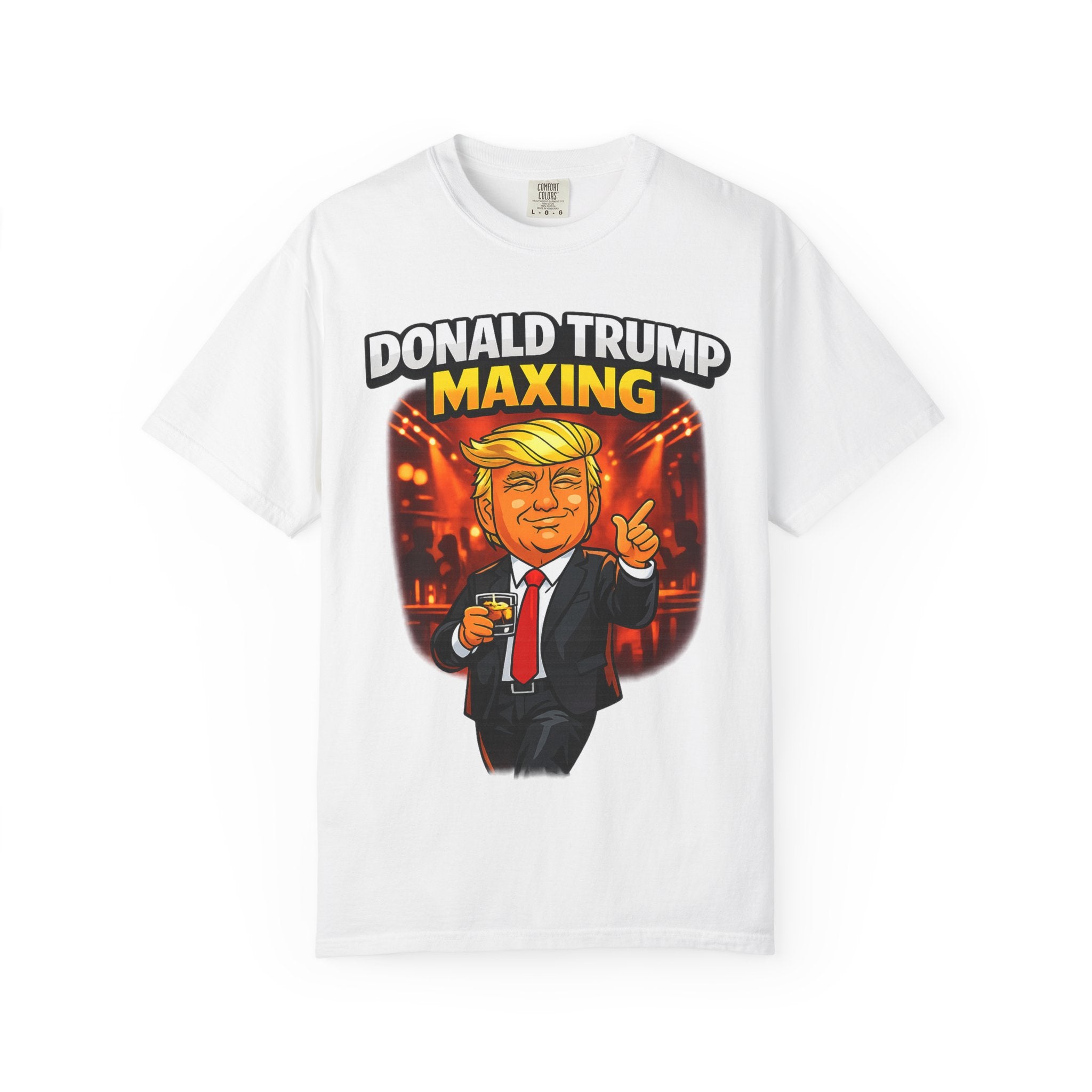 Political Cartoon Tee — "Donald Trump Maxing" Graphic T-Shirt