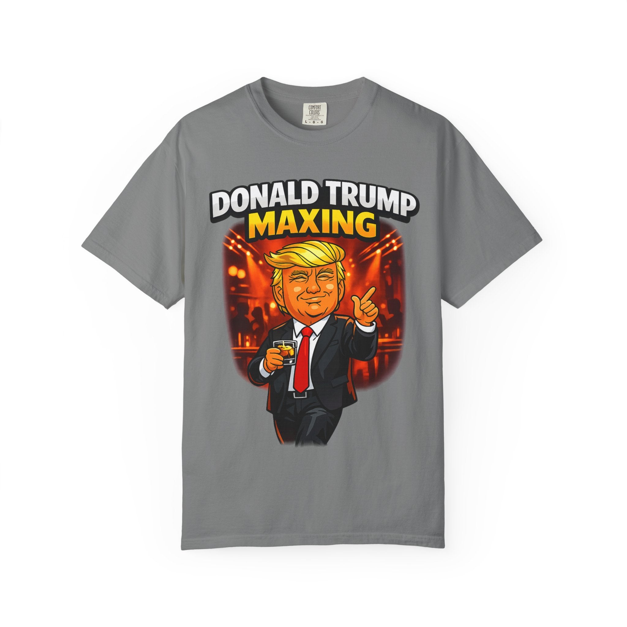 Political Cartoon Tee — "Donald Trump Maxing" Graphic T-Shirt