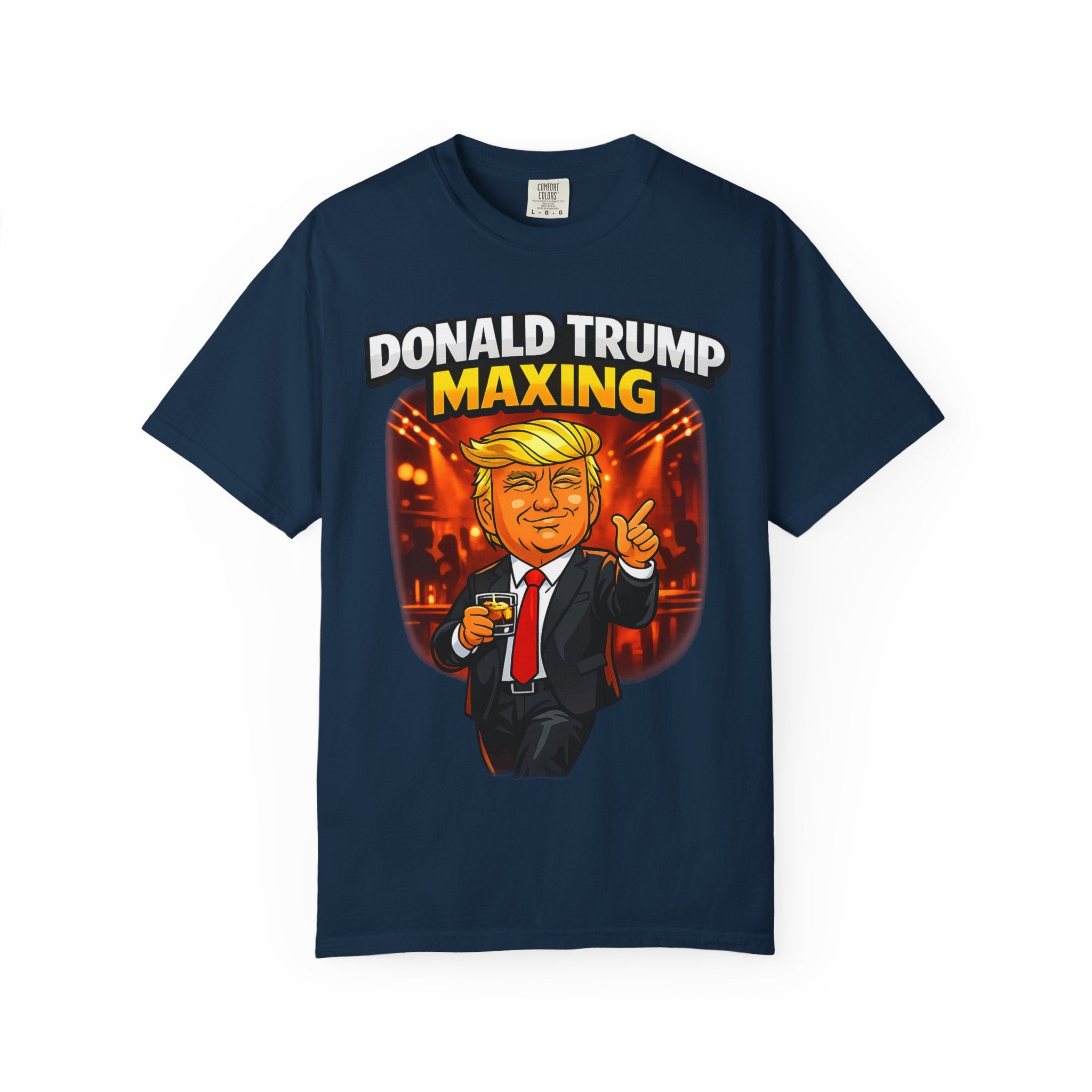 Political Cartoon Tee — "Donald Trump Maxing" Graphic T-Shirt